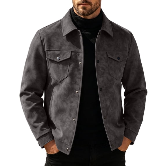 Raeneomay Men's Suede Button Jacket - Collared Long Sleeve Pocket Top