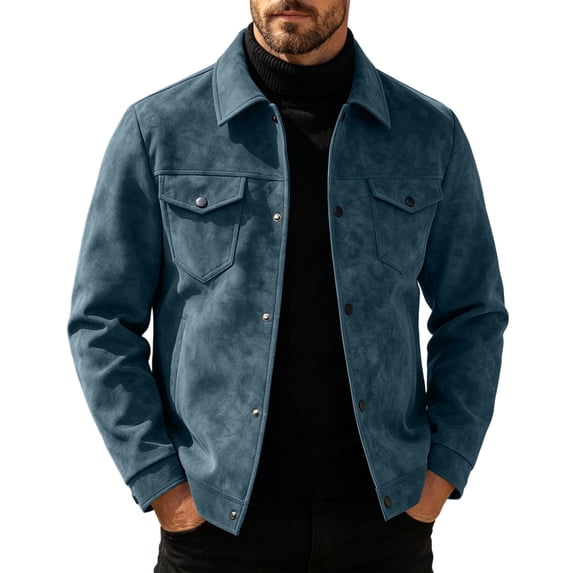 Raeneomay Men's Suede Button Jacket - Collared Long Sleeve Pocket Top