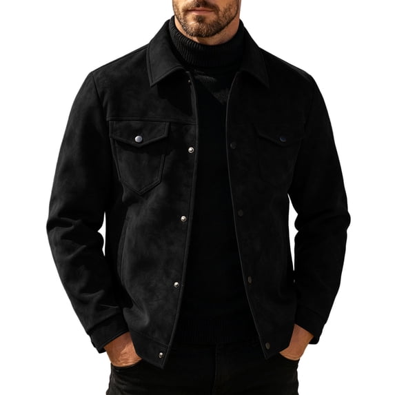 Raeneomay Men's Suede Button Jacket - Collared Long Sleeve Pocket Top