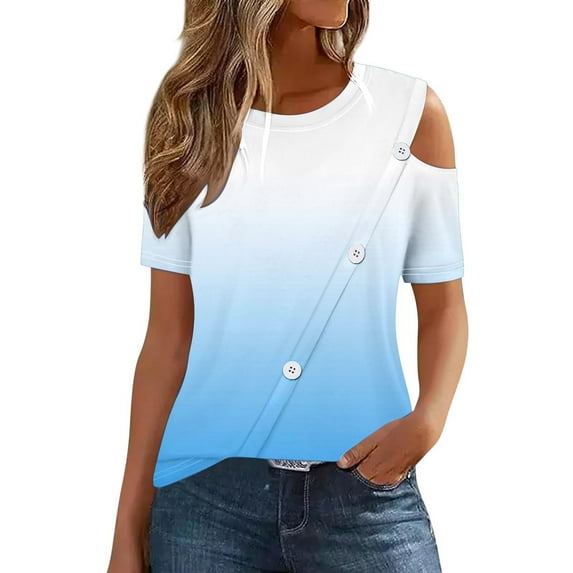 Raeneomay Off the Shoulder Tops for Women Women'S 2024 Summer Casual and Comfortable Gradient Color Cold Shoulder Button Splicing Short-Sleeved Round Neck Top/Shirt