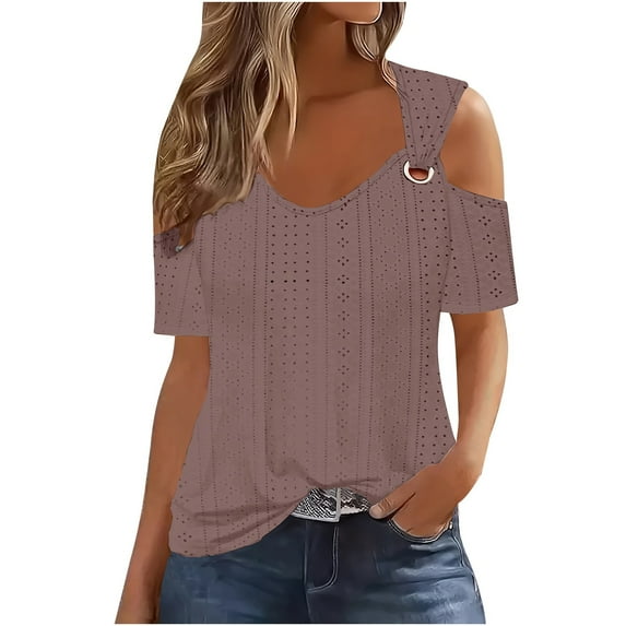 Raeneomay Off Shoulder Tops for Women 2024 Women's Fashion Casual Solid Color Shoulder Leakage Short Sleeve Pullover Short Sleeve Top