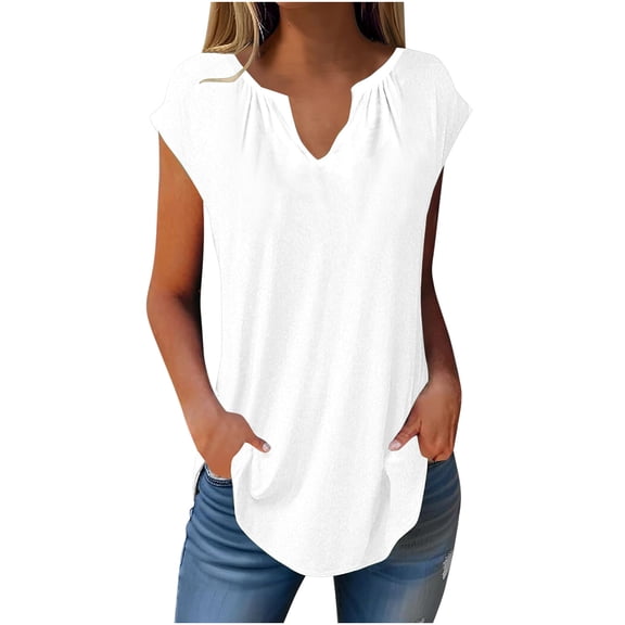 Raeneomay Off Shoulder Tops for Women Casual V-Neck Short-Sleeved Solid Color Pleated Short T-Shirt Tops