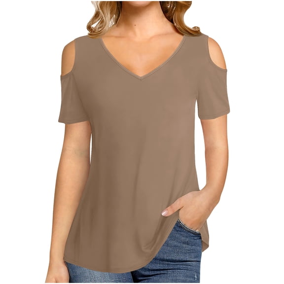 Raeneomay Off Shoulder Tops for Women Fashion Women Short Sleeve Garment Comfortable Breathable V-Neck Blouses Tops