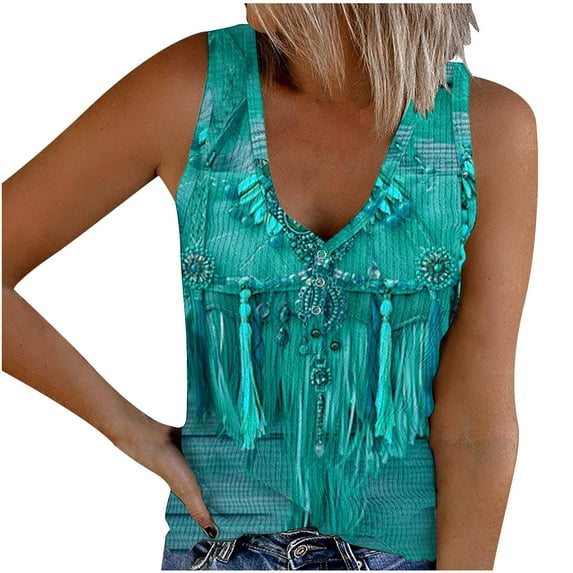 Raeneomay Off Shoulder Tops for Women Retro Ethnic Style Feather Printed Sleeveless Tank Tops