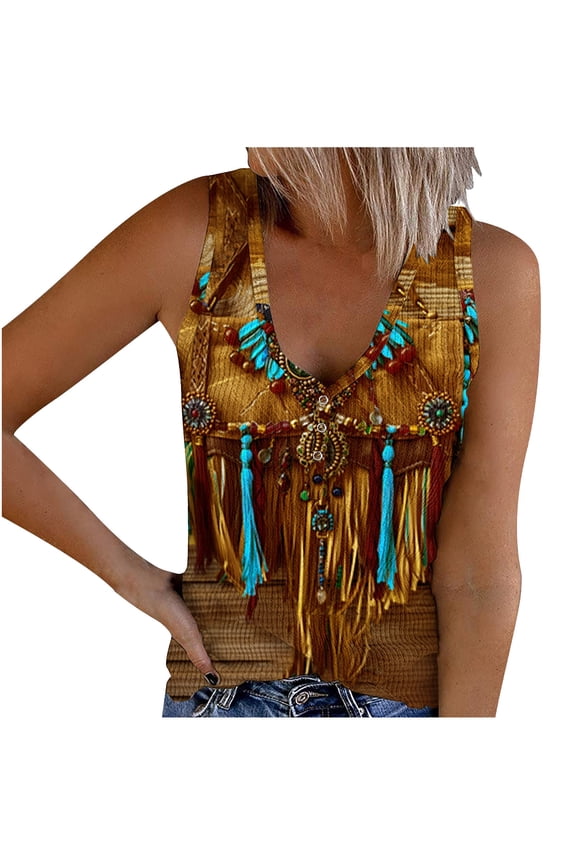 Off Shoulder Tops for Women Retro Ethnic Style Feather Printed Sleeveless Tank Tops