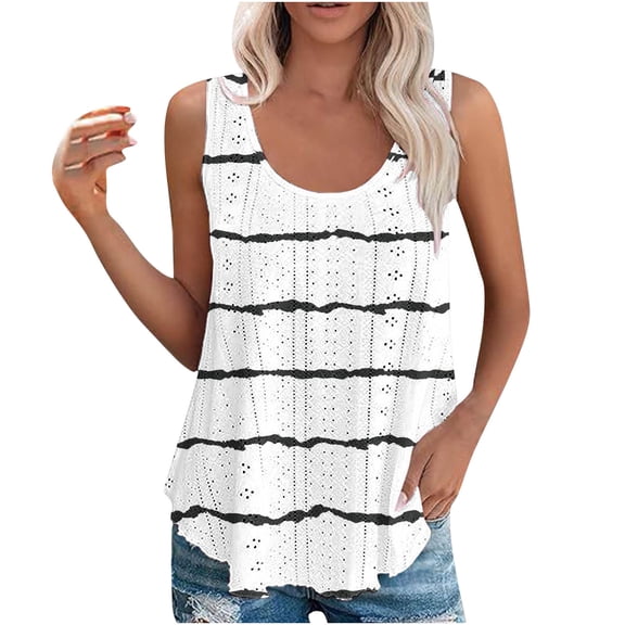 Raeneomay Off Shoulder Tops for Women Women Printing Sleeveless Round Neck Pullover Eyelet Tops Shirts Blouse