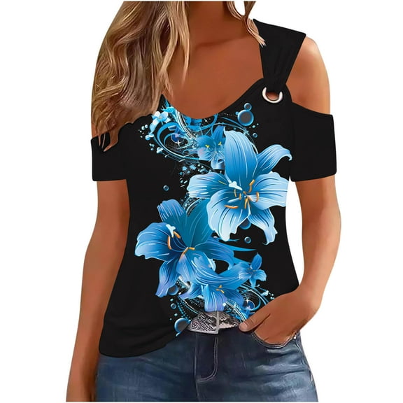 Raeneomay Off Shoulder Tops for Women Women Summer Sexy T-Shirt Cold Shoulder Pullover Blouse V-Neck Short Sleeve Print Tops