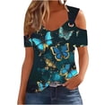 thumbnail image 1 of Raeneomay Off Shoulder Tops for Women Women Summer Sexy T-Shirt Cold Shoulder Pullover Blouse V-Neck Short Sleeve Print Tops, 1 of 4