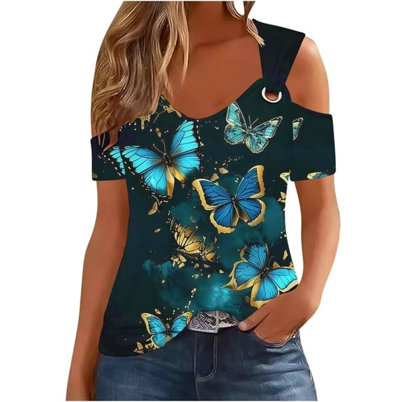 Raeneomay Off Shoulder Tops for Women Women Summer Sexy T-Shirt Cold Shoulder Pullover Blouse V-Neck Short Sleeve Print Tops