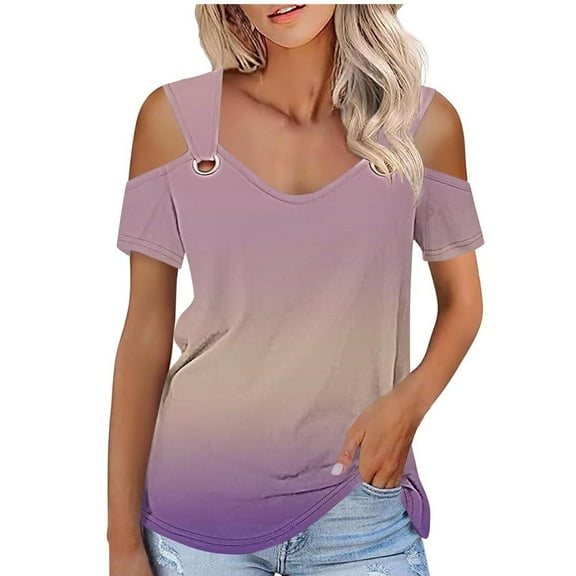 Raeneomay Off Shoulder Tops for Women Women Summer Sexy T-Shirt Cold Shoulder Pullover Blouse V-Neck Short Sleeve Solid Tops