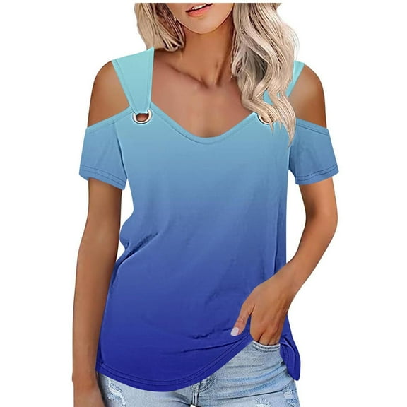 Raeneomay Off Shoulder Tops for Women Women Summer Sexy T-Shirt Cold Shoulder Pullover Blouse V-Neck Short Sleeve Solid Tops