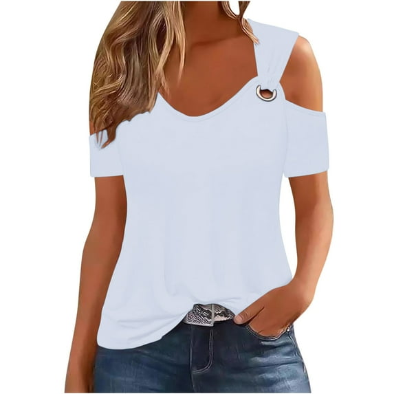 Raeneomay Off Shoulder Tops for Women Women Summer Sexy T-Shirt Cold Shoulder Pullover Blouse V-Neck Short Sleeve Solid Tops