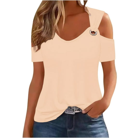 Raeneomay Off Shoulder Tops for Women Women Summer Sexy T-Shirt Cold Shoulder Pullover Blouse V-Neck Short Sleeve Solid Tops