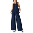 thumbnail image 1 of Raeneomay Off Shoulder Tops for Women Women's Casual Summer Two Piece Outfits Cotton Linen Sets Cutout Sleeveless Top Wide Leg Pants Matching Set, 1 of 1