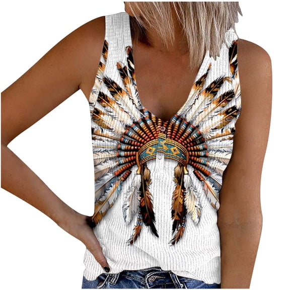 Raeneomay Off Shoulder Tops for Women Women's Retro Ethnic Style Feather Tassels Printed Sleeveless Tank Tops