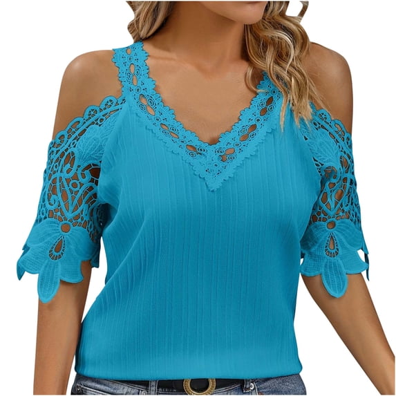 Raeneomay Off the Shoulder Tops for Women Women's New V-Neck Lace Lace Short Sleeved Top T-Shirt