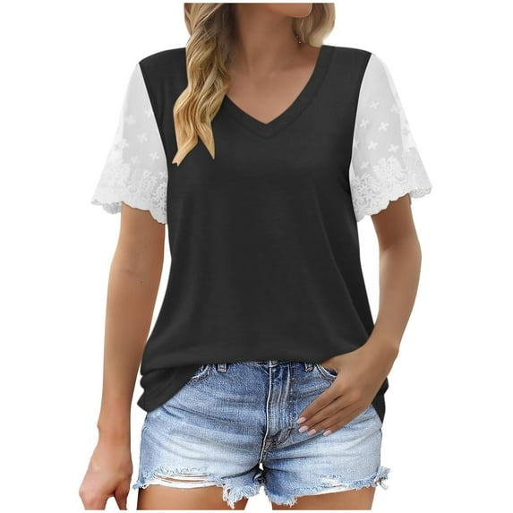 Raeneomay Oversized T Shirts Fashion Woman Casual V-Neck Vintage Solid Mesh Blouse Short Sleeve T-Shirt Summer Tops