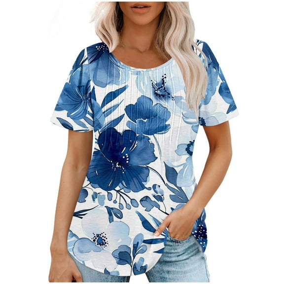 Raeneomay Oversized T Shirts Tunic Tops Fashionable Women's Casual Short Sleeved Loose Round Neck Printed Top