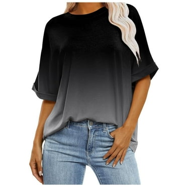 Raeneomay Oversized T Shirts Tunic Tops Women's Casual CrewNeck Short-Sleeved Gradation Print Short Loose T-Shirt Tops