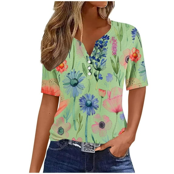 Raeneomay Oversized T Shirts for Women Summer Tops for Women Vacation Trendy V Neck Short Sleeve Shirts Casual Loose Spring Vintage Floral Print Comfy Tunic Clothes