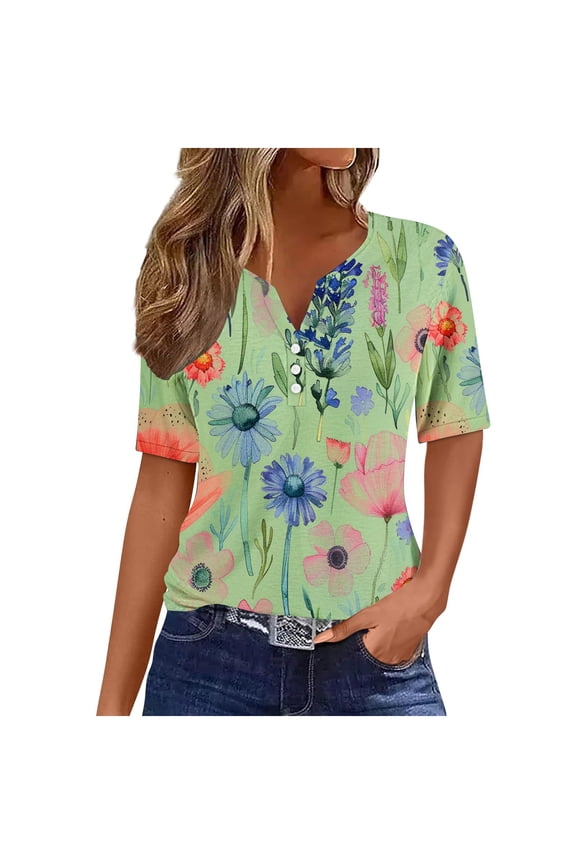 Oversized T Shirts for Women Summer Tops for Women Vacation Trendy V Neck Short Sleeve Shirts Casual Loose Spring Vintage Floral Print Comfy Tunic Clothes
