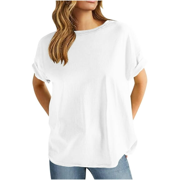 Raeneomay Oversized T Shirts Women's Solid Oversized T Shirts Casual Short Sleeve Shirts Loose CrewNeck Drop Shoulder Back Patch Pullover Tops Tees