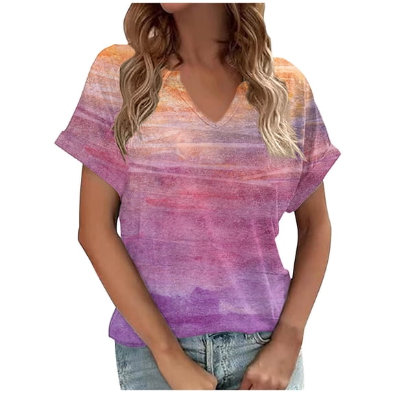 Raeneomay Oversized T Shirts Women's Tie Gradient Printing Tees Casual Short Sleeve Loose T Shirt Ladies Tops Blouses Shirts