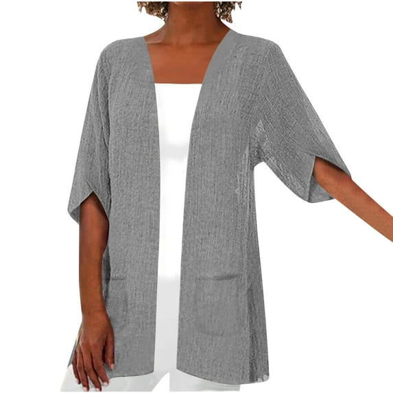 Raeneomay Oversized T Shirts for Women Casual Cotton And Linen Medium Sleeved Pocket Cardigan T-Shirt Top