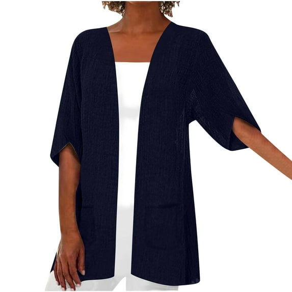 Raeneomay Oversized T Shirts for Women Casual Cotton And Linen Medium Sleeved Pocket Cardigan T-Shirt Top