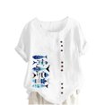 thumbnail image 1 of Raeneomay Oversized T Shirts for Women Casual Cotton and Linen Top Ocean Fish Printed Short Sleeve Button Tunic T-Shirt Blouse Tops, 1 of 4