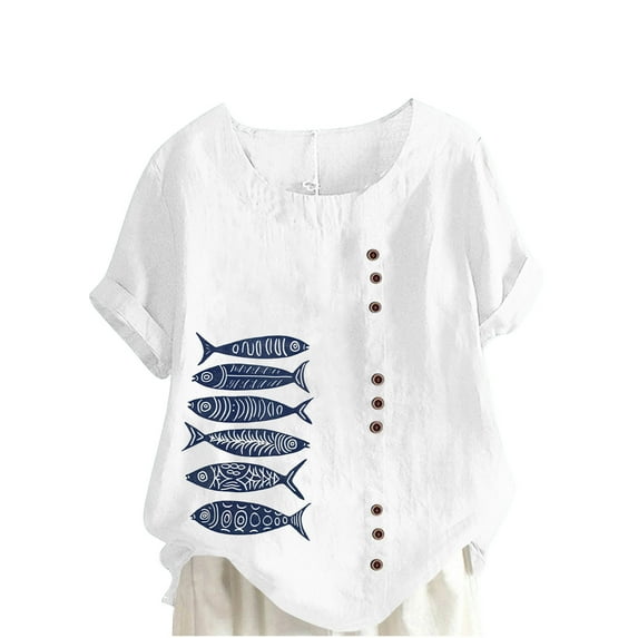 Raeneomay Oversized T Shirts for Women Casual Cotton and Linen Top Ocean Fish Printed Short Sleeve Button Tunic T-Shirt Blouse Tops