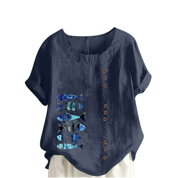Raeneomay Oversized T Shirts for Women Casual Cotton and Linen Top Ocean Fish Printed Short Sleeve Button Tunic T-Shirt Blouse Tops
