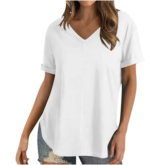 Raeneomay Oversized T Shirts for Women Casual Tops Solid Short Sleeve Tops for Women V Neck Summer TShirts Seamed Rolled Sleeve Shirts Casual Tops
