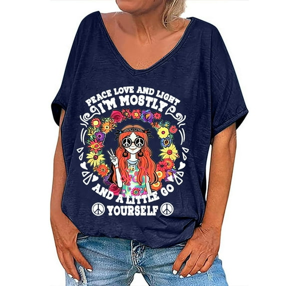 Raeneomay Oversized T Shirts for Women Casual Tops Women's Casual Retro Style Casual Printed Short Sleeve Blouse V-Sleeve Blouse/Shirt
