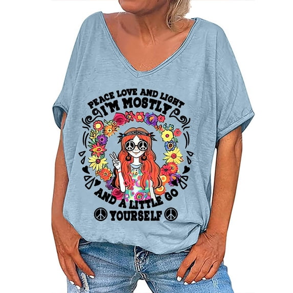 Raeneomay Oversized T Shirts for Women Casual Tops Women's Casual Retro Style Casual Printed Short Sleeve Blouse V-Sleeve Blouse/Shirt