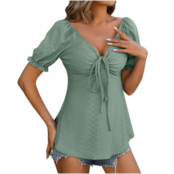 Raeneomay Oversized T Shirts for Women Casual Tops Womens V-Neck Solid Blouses and Tops Short Sleeve Drawstring Shirts and Tops