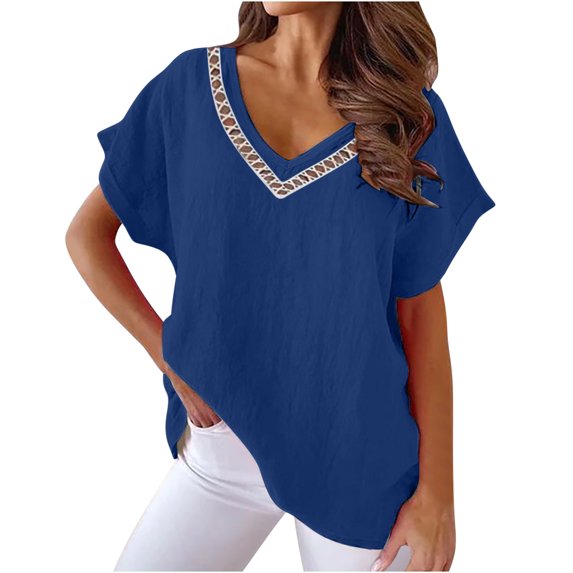 Raeneomay Oversized T Shirts for Women Classic V-Neck Collar Solid Color Lace Splicing Short Sleeve T-Shirt Blouse Tops