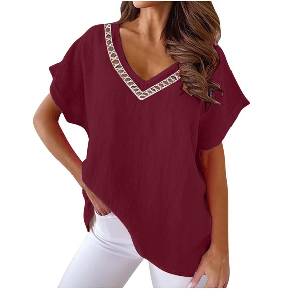 Raeneomay Oversized T Shirts for Women Classic V-Neck Collar Solid Color Lace Splicing Short Sleeve T-Shirt Blouse Tops