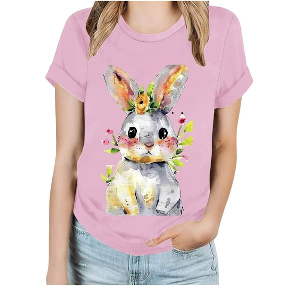 Raeneomay Oversized T Shirts for Women Easter Women's Printed Short Sleeved Round Neck Shirt