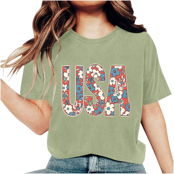Raeneomay Oversized T Shirts for Women Fashion Independence Day Printed Short Sleeved Round Neck T-Shirt Top