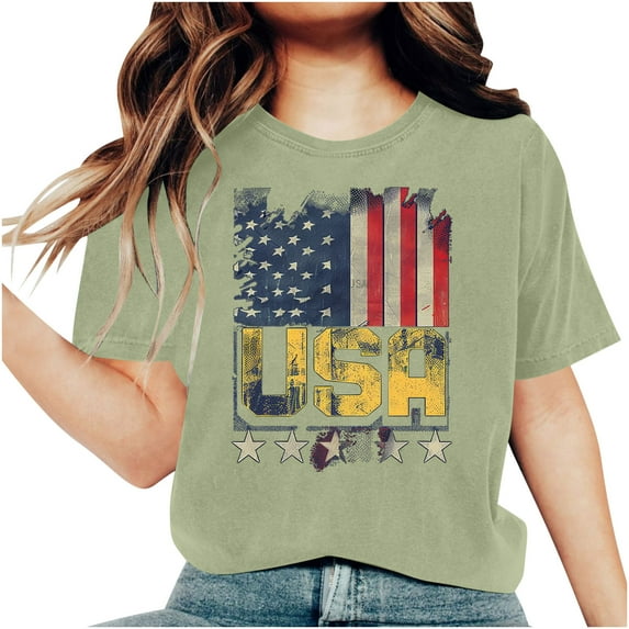 Raeneomay Oversized T Shirts for Women Fashion Independence Day Printed Short Sleeved Round Neck T-Shirt Top