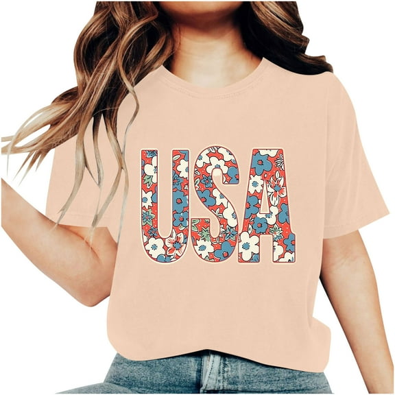 Raeneomay Oversized T Shirts for Women Fashion Independence Day Printed Short Sleeved Round Neck T-Shirt Top