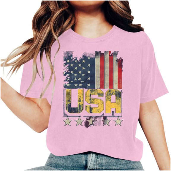 Raeneomay Oversized T Shirts for Women Fashion Independence Day Printed Short Sleeved Round Neck T-Shirt Top