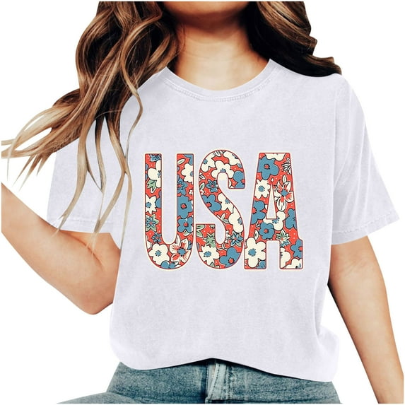 Raeneomay Oversized T Shirts for Women Fashion Independence Day Printed Short Sleeved Round Neck T-Shirt Top