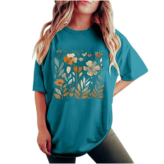 Raeneomay Oversized T Shirts for Women Fashion Summer Round Neck Drop Sleeves Leisure Short Sleeve Flower Printing Tops