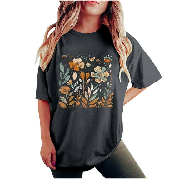 Raeneomay Oversized T Shirts for Women Fashion Summer Round Neck Drop Sleeves Leisure Short Sleeve Flower Printing Tops
