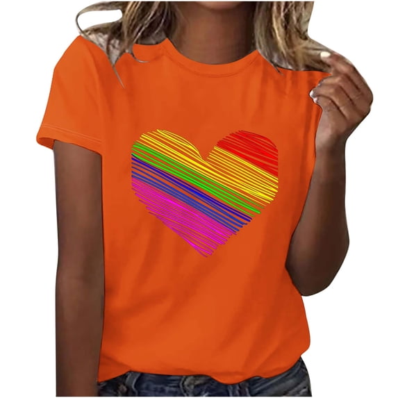 Raeneomay Oversized T Shirts for Women Festival Colorful Heart Shaped Printed Round Neck Short Sleeved Top