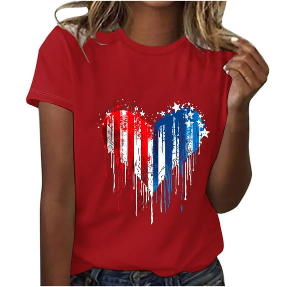 Raeneomay Oversized T Shirts for Women Independence Day Printed Round Neck Short Sleeved Top