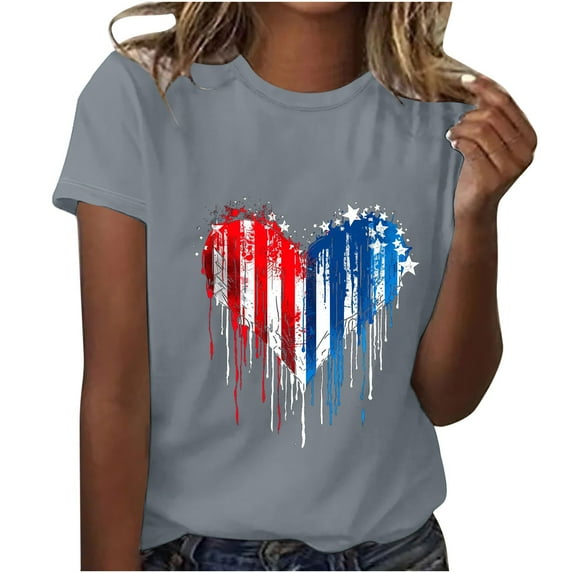 Raeneomay Oversized T Shirts for Women Independence Day Printed Round Neck Short Sleeved Top