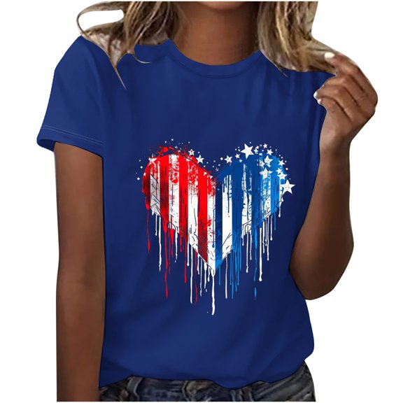 Raeneomay Oversized T Shirts for Women Independence Day Printed Round Neck Short Sleeved Top